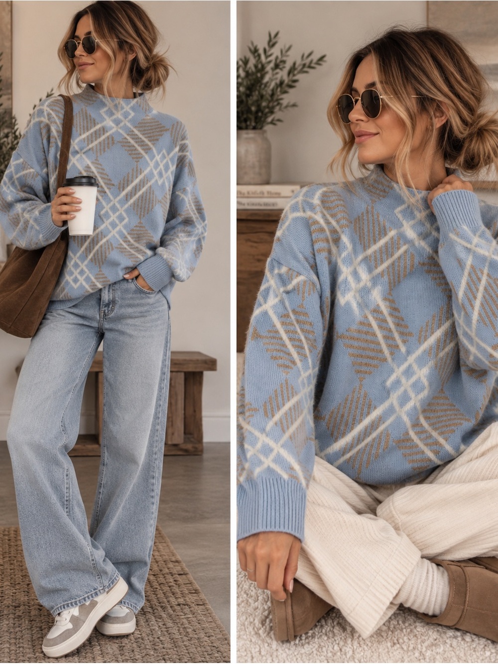 Rachel Zoe Blue Tan Geometric Mock Neck Sweater Size Small